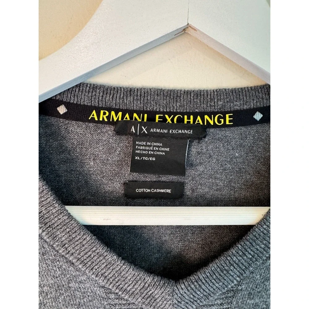 Armani Exchange A|X Men's Grey V-Neck Cotton Cashmere Sweater Yellow Trim Sz  XL